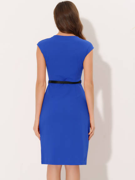 Allegra K- Cap Sleeve Belted Sheath Dress