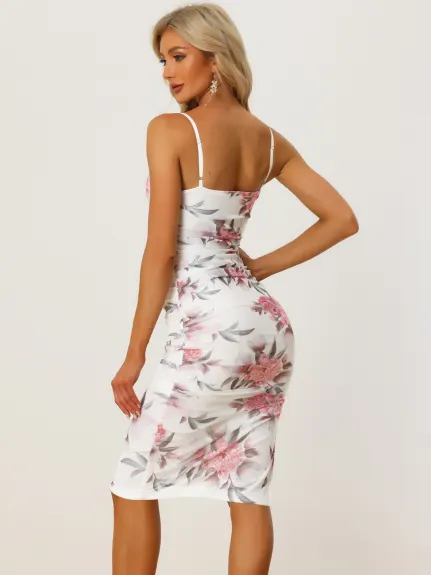 Allegra K- Ruched Mesh Side Slit Bodycon Floral Cami Dress