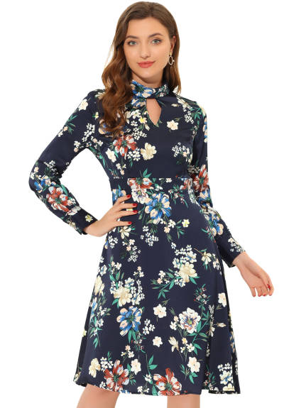 Allegra K- Mock Neck Long Sleeve Floral Satin Midi Dress