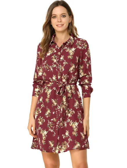 Allegra K- Lapel Button Down Belted Floral Shirt Dress