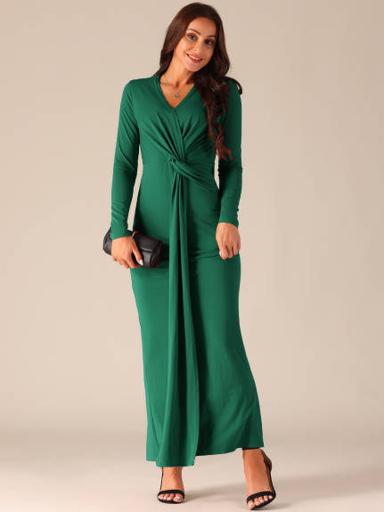 Allegra K - Long Sleeve V-Neck Split Hem Bodycon Maxi Dress