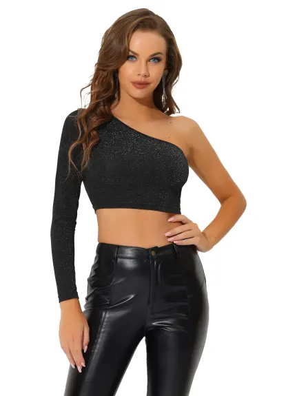 Allegra K- Glitter One Shoulder Long Sleeve Crop Top