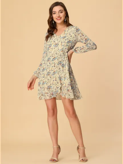 Allegra K- V-Neck Long Sleeve Ruffle Hem Mini Floral Dress