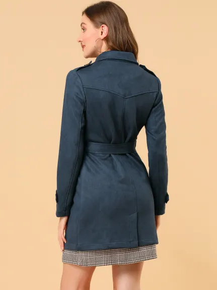 Allegra K- Trench-coat croisé en faux suède à revers cranté