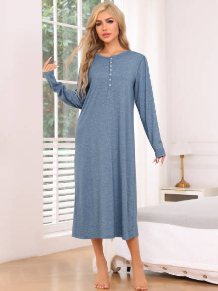 Cheibear - Button Down Long Sleeve Knit Nightgown