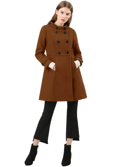 Allegra K- Stand Collar Long Sleeves Double Breasted Coat