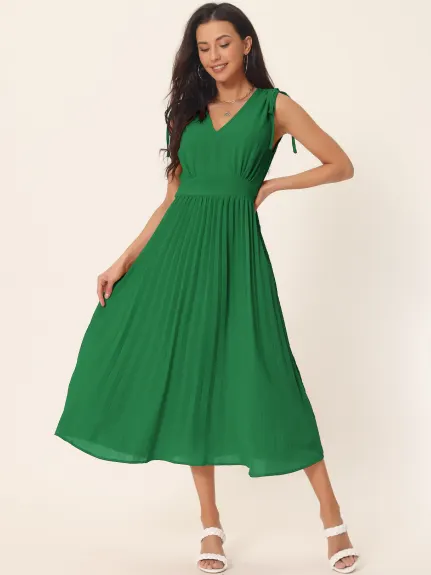 Allegra K - Sleeveless High Waist V Neck Pleated Dress