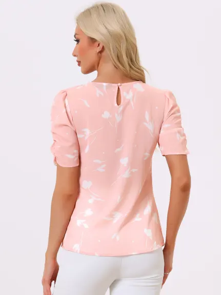 Allegra K- Blouse florale col rond froncé élégant haut à manches courtes