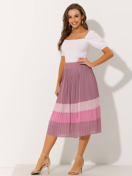 Allegra K- A-Line Color Block Pleated Chiffon Midi Skirt