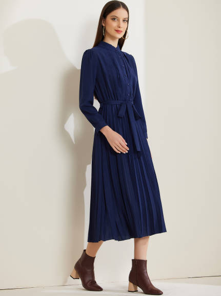 Allegra K - Pleated Mock Neck A-Line Midi Dress