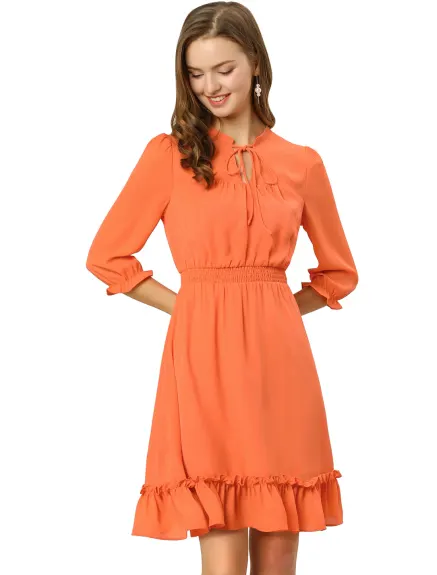 Allegra K- Layered Ruffle Hem 3/4 Sleeve Smocked Chiffon Dress