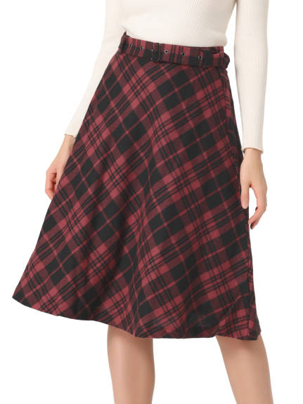 Allegra K- Plaid Tartan Belted A-Line Midi Skirt