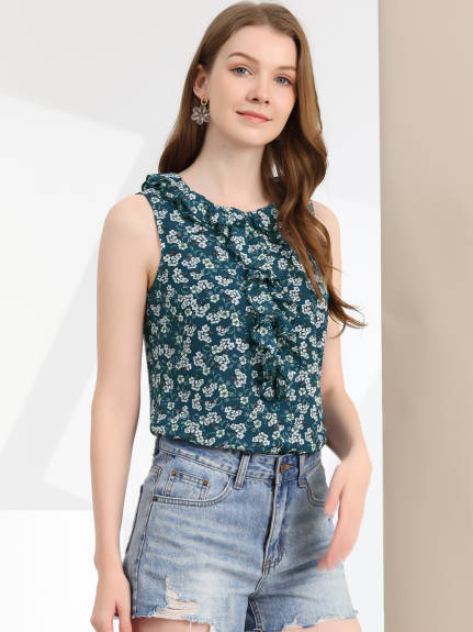 Allegra K- Ruffle Sleeveless Chiffon Floral Top