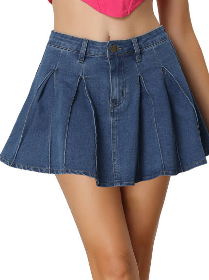 Allegra K - A-Line Pleated Mini Denim Skirt