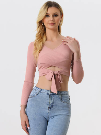 Allegra K - V Neck Tie Front Long Sleeve Crop Top