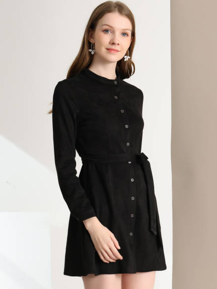 Allegra K- Long Sleeve Faux Suede Belted Button Down Dress