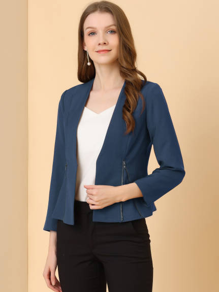 Allegra K- Open Front Zipper Collarless Cropped Blazer