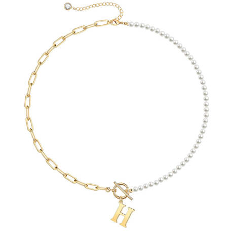 Rachel Glauber 14K Gold Plated Initial "H" Pearl Link Chain Necklace