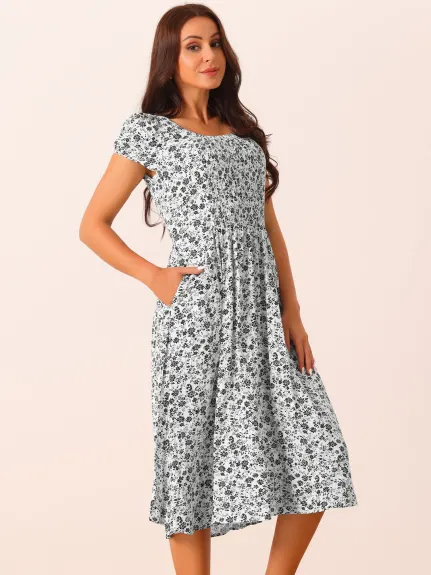 Allegra K - Robe florale mi-longue fluide décontractée à manches courtes