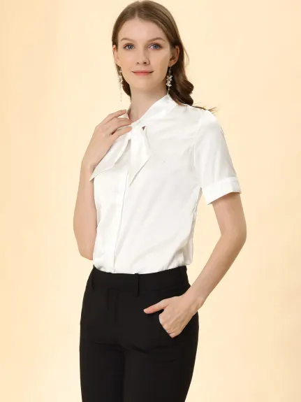 Allegra K- Satin Tie Neck Short Sleeve Blouse Shirt