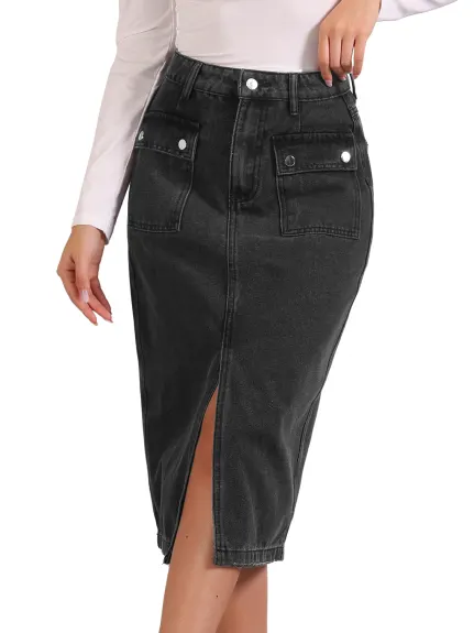 Allegra K - Front Split Hem Midi Denim Skirt