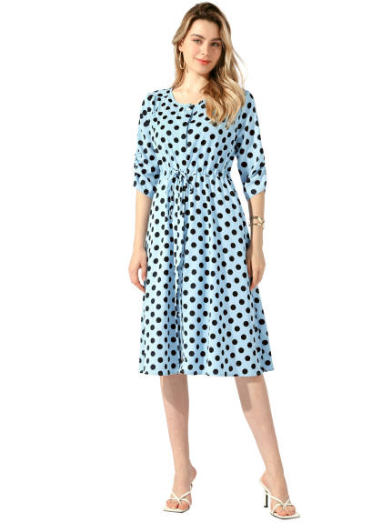 Allegra K - Polka Dots Ruched Sleeve Midi Dress