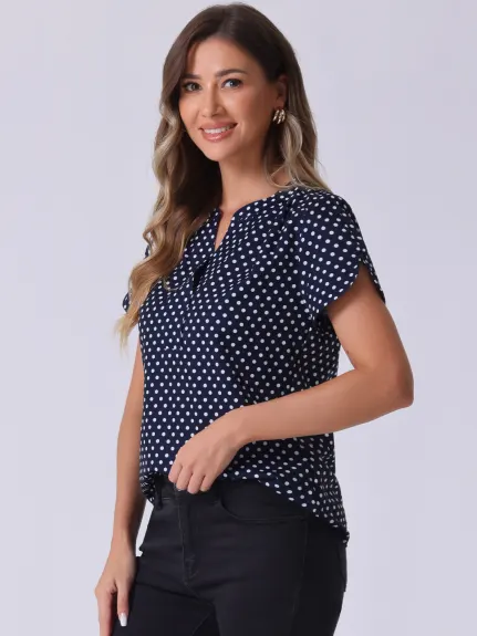 Allegra K- Dots Printed V Neck Short Sleeve Blouse