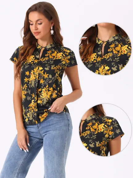 Allegra K- Satin Floral Cap Sleeve Blouse