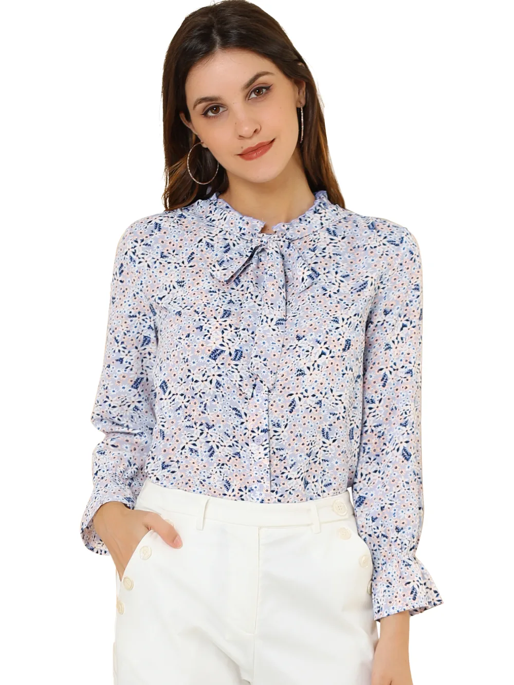 Allegra K- Floral Bow Tie Neck Ruffled Collar Blouse