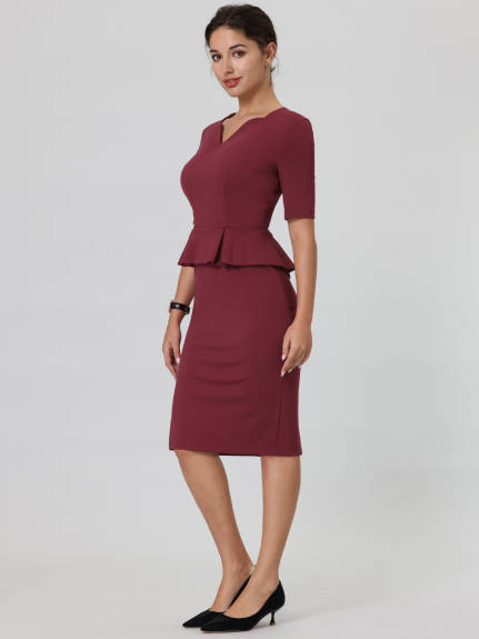 Hobemty- V Neck Peplum Pencil Sheath Dress