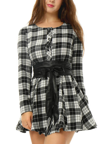 Allegra K- Plaid Long Sleeve Belted A-Line Shirt Dress