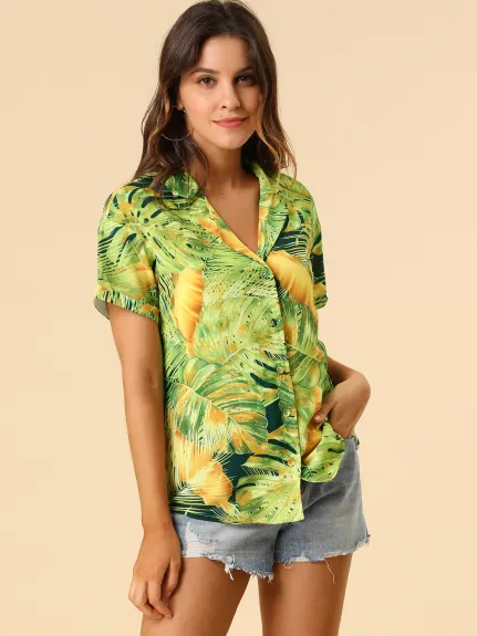 Allegra K - Chemise boutonnée à feuilles florales tropicales de plage