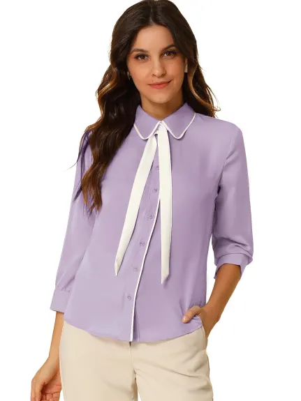 Allegra K- 3/4 Sleeve Contrast Color Tie Neck Shirt