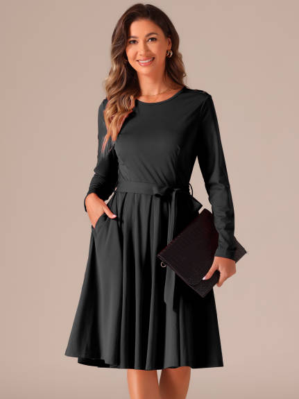 Allegra K - Long Sleeve Tie Waist Pleated Business Dress