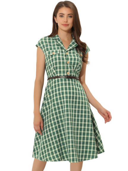 Allegra K- Button Front Retro Cap Sleeve Belted Plaid Dress