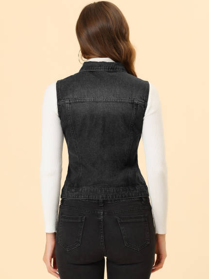 Allegra K- Washed Denim Buttoned Vest with Flap Pockets