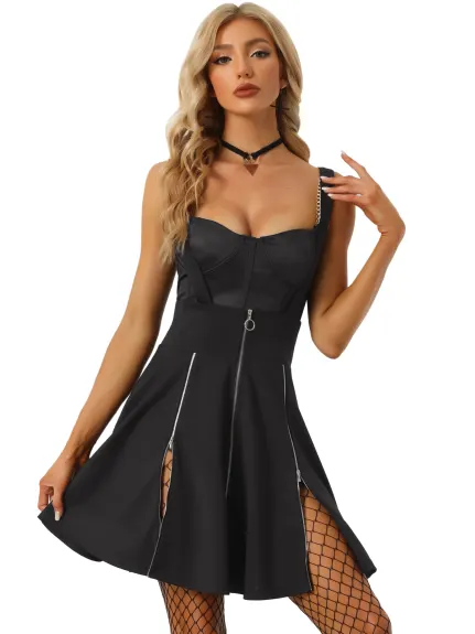 Allegra K - Streetwear A-Line Slit Zip Suspender Dress