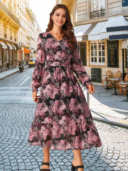 Allegra K - Long Sleeve Chiffon Flowy Floral Dress