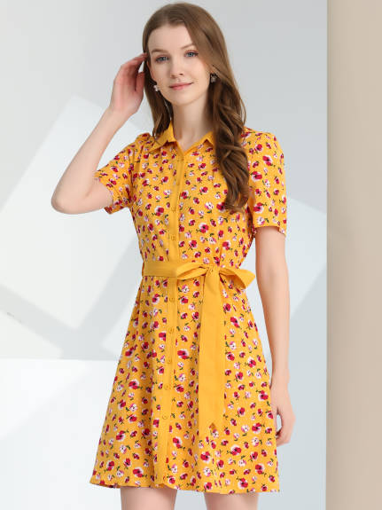 Allegra K- Short Sleeve Contrast Collar Belted Floral Shirt Dress