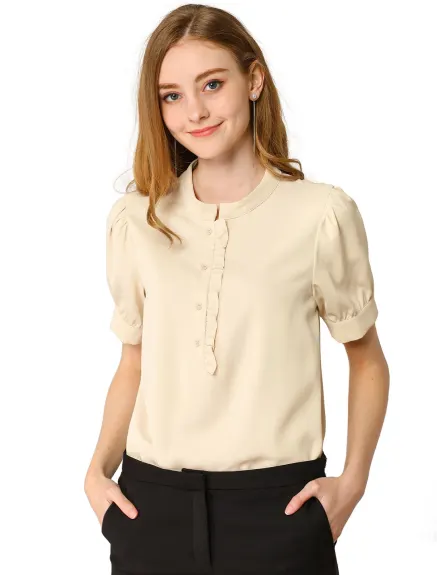 Allegra K - Puff Sleeve Chiffon Half Placket Top