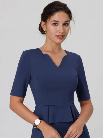 Hobemty- V Neck Peplum Pencil Sheath Dress