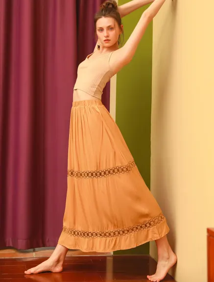Allegra K - Lace Insert Swing Solid Maxi Skirt