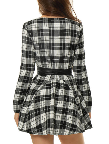 Allegra K- Plaid Long Sleeve Belted A-Line Shirt Dress