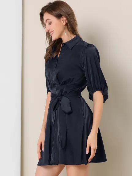 Allegra K- Pleated Waist Belted A-Line Shirt Dress