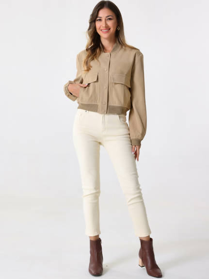 Allegra K - Button Down Stand Collar Bomber Jacket