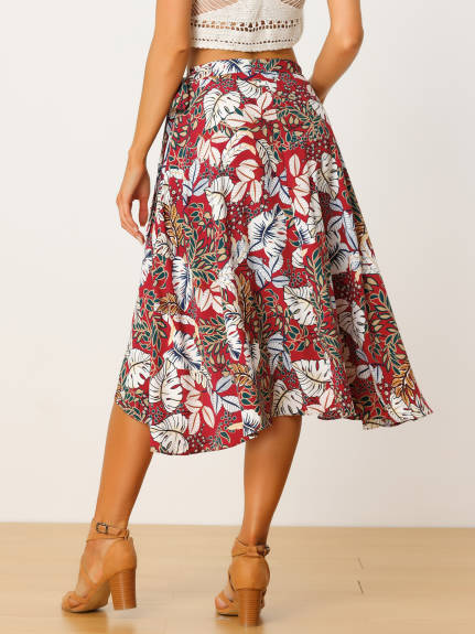 Allegra K- Floral Boho Wrap Midi Skirt