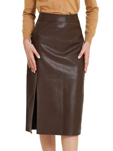 Allegra K - Faux Leather Side Slit Pencil Skirt