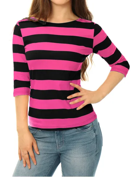 Allegra K- Boat Neck Elbow Sleeve Slim Fit Stripe T-Shirt