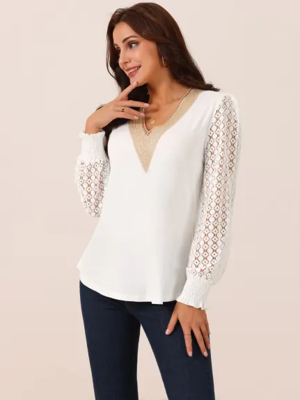 Allegra K - Lace V Neck Hallow Out Sleeve Blouse