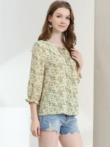 Allegra K- Tie Blouse florale à manches 3/4 et col en V